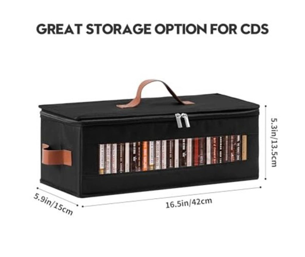 Black CD storage box with clear window and brown handle, zipped lid and metal clasp.