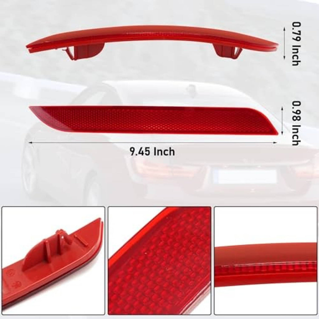 Red rear bumper reflector lights with textured lenses and mounting clips, close-up