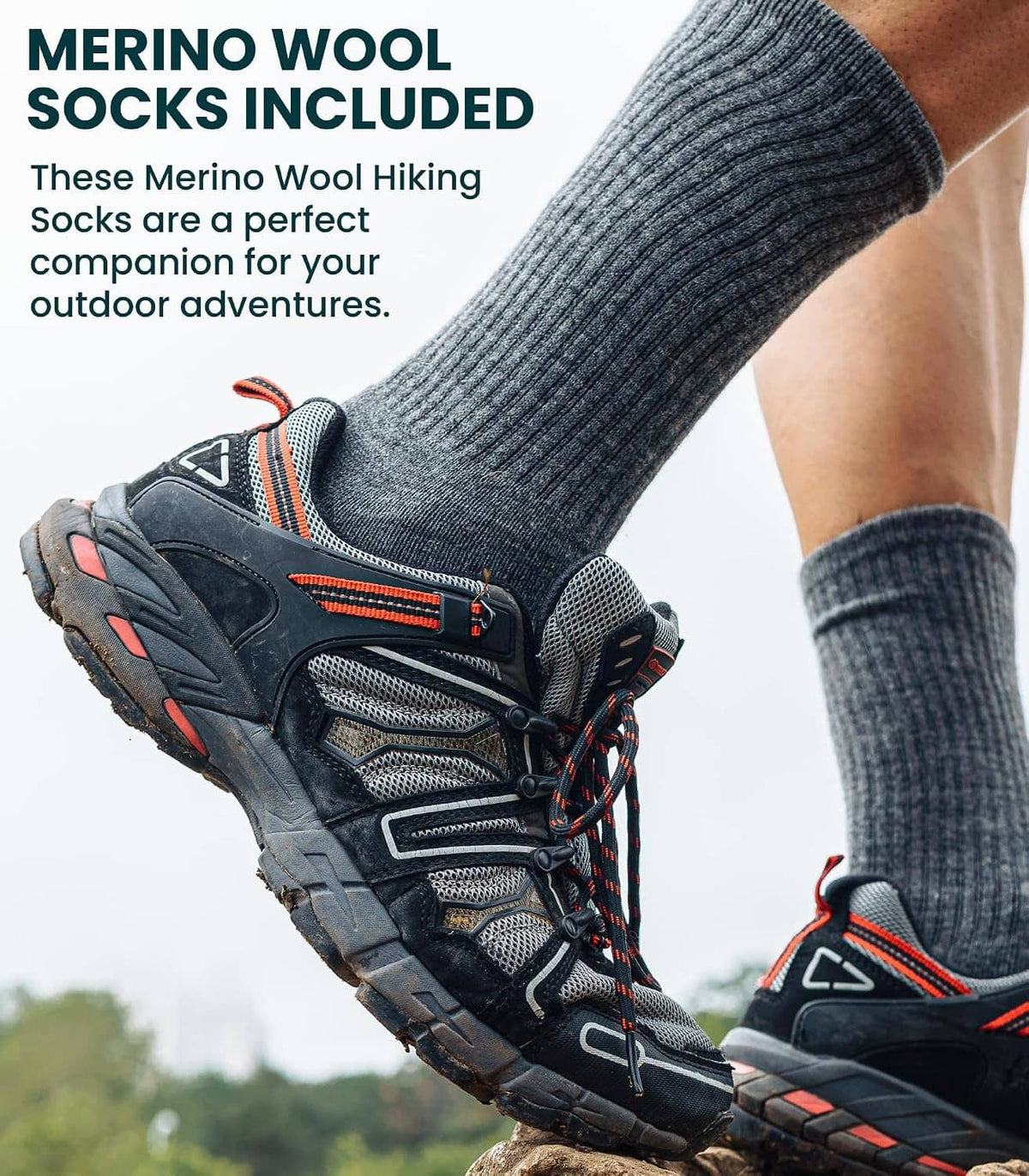 Merino wool hiking socks included, shown with gray base layer leggings and sneakers