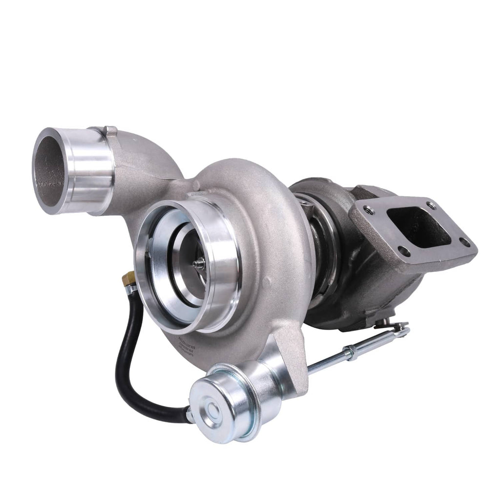 Turbocharger with compressor inlet, exhaust housing, and black oil return hose