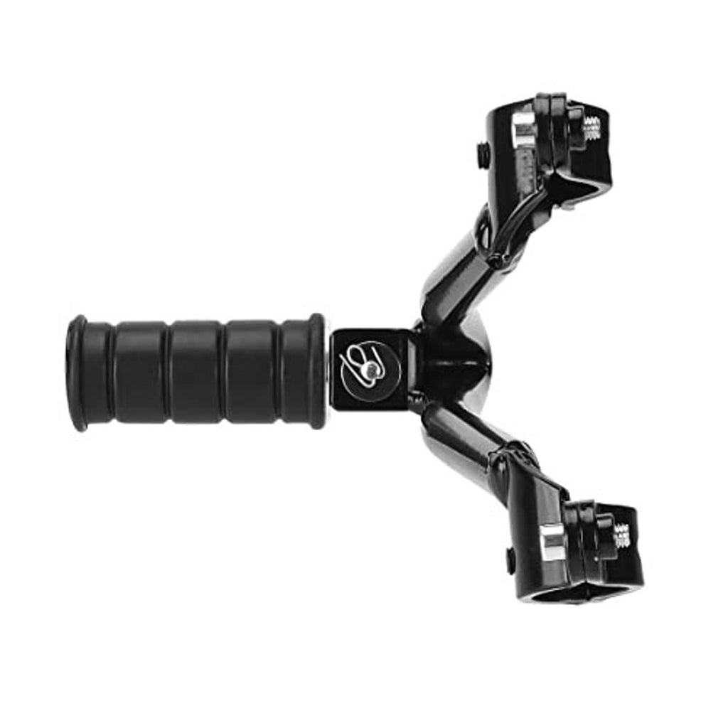 Black rear passenger foot peg with rubber grip and metal mounting plate
