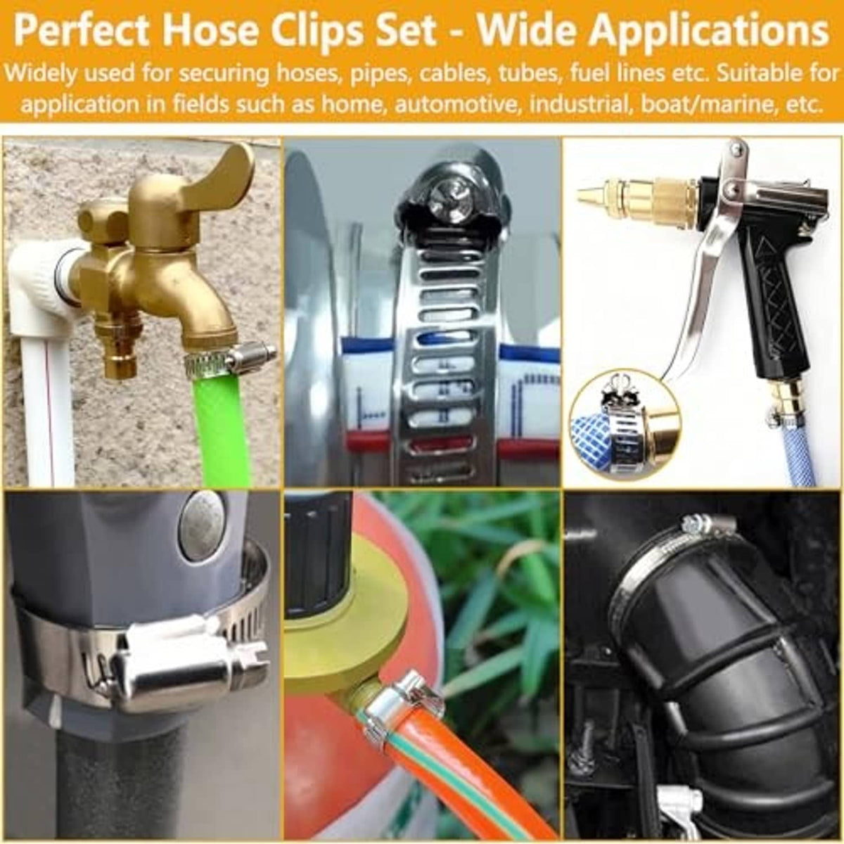 Stainless steel hose clamps shown in multiple applications, securing tubing and hoses