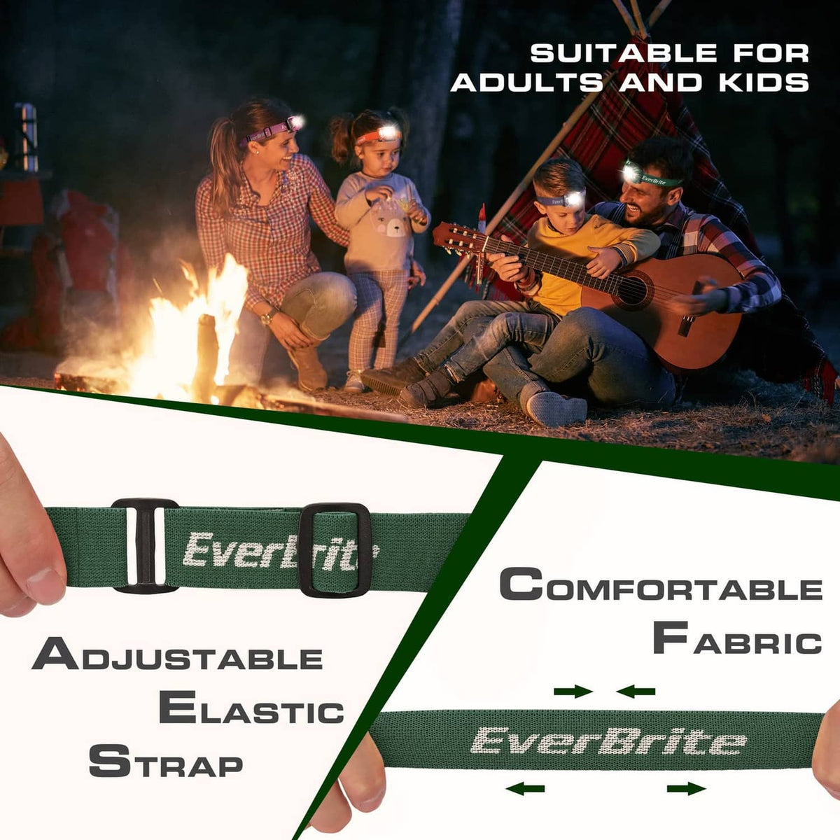 Green adjustable elastic headlamp strap with headlamp housing attached