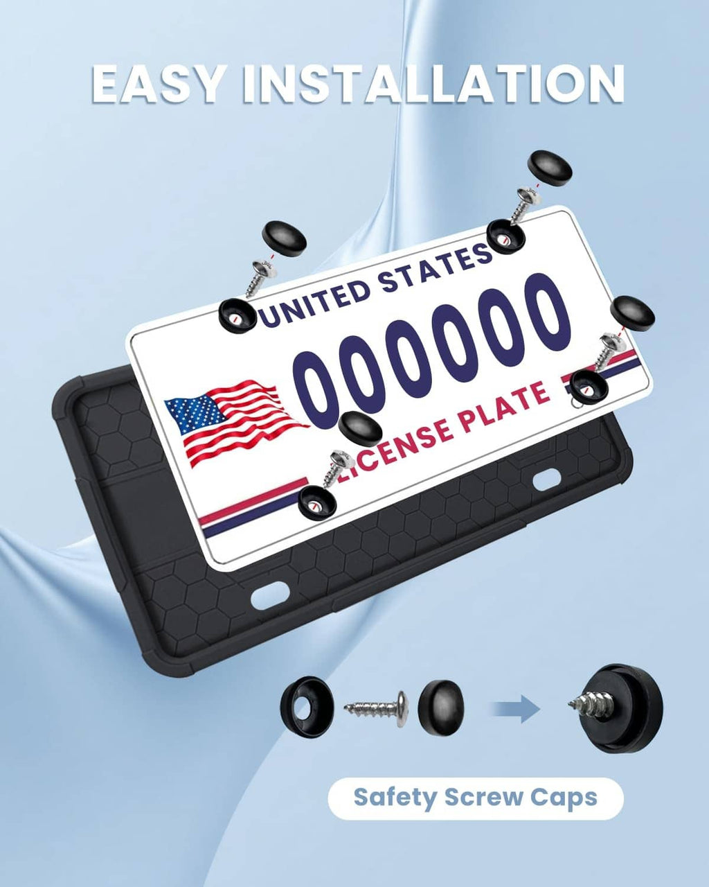 Black silicone license plate frame with safety screw caps for secure installation