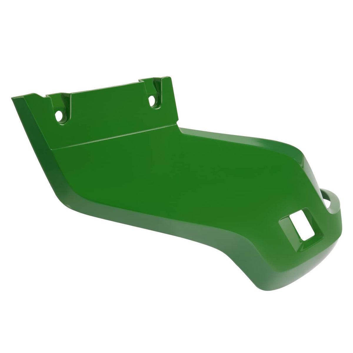 Green RH mower side panel with mounting holes and a rectangular vent cutout