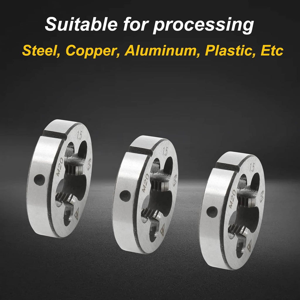 Three M20 thread dies showing right-hand teeth profile on circular steel plates