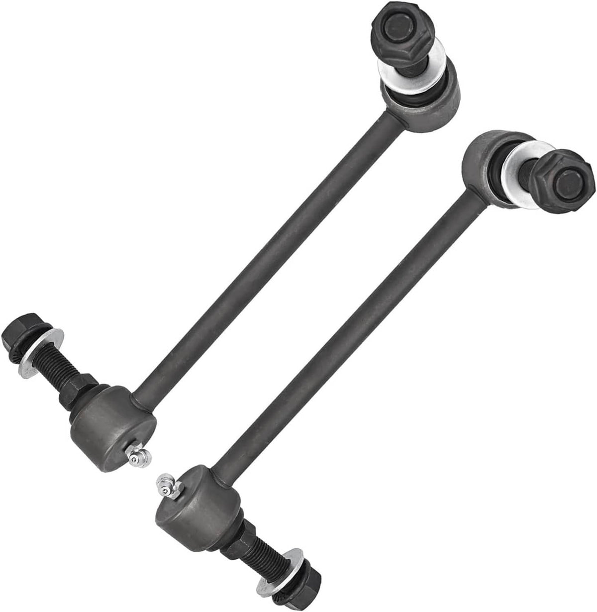 Two front control arms with spherical ball joints and rubber boots, black metal