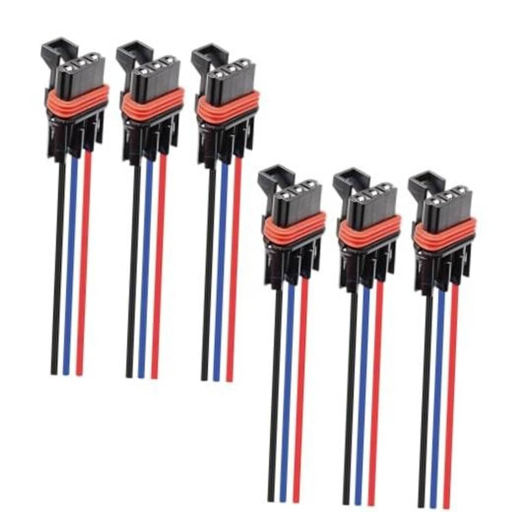 6 bus bar pulse power plug pigtails, black housing with red and blue wire leads