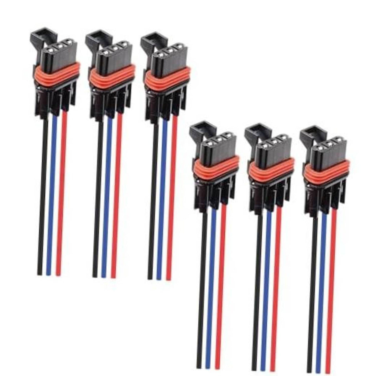 6 bus bar pulse power plug pigtails, black housing with red and blue wire leads