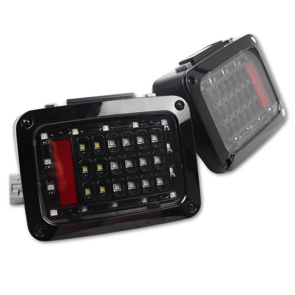 LED tail/turn light module with black housing, red lens, and rows of status LEDs