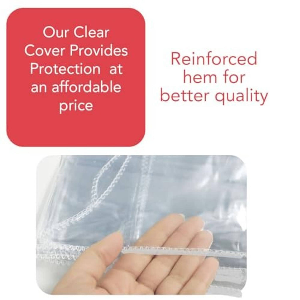 Clear vinyl loveseat cover with reinforced hem detail and chain-stitch seam