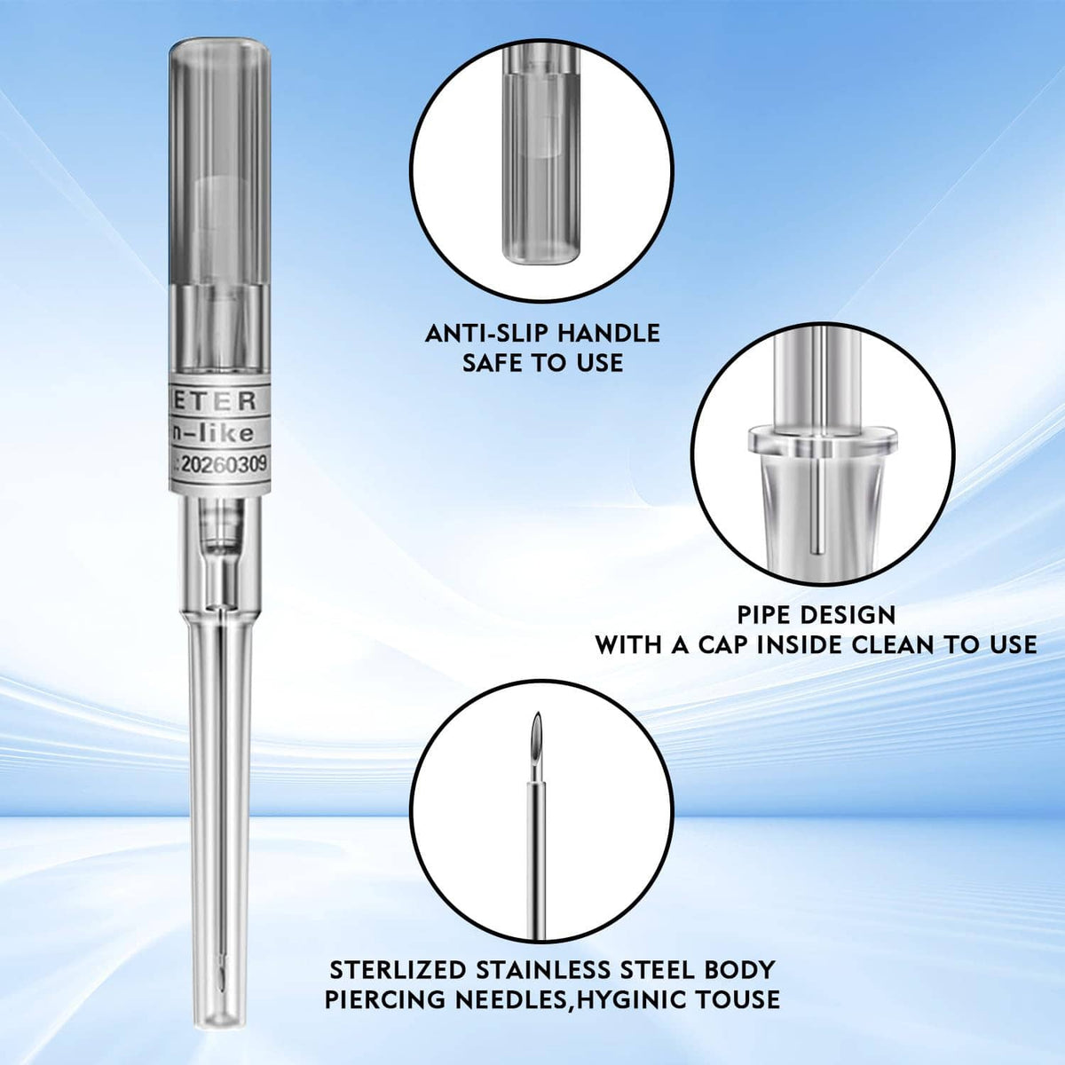 Stainless steel hollow piercing needle with clear cannula tube, close-up detail