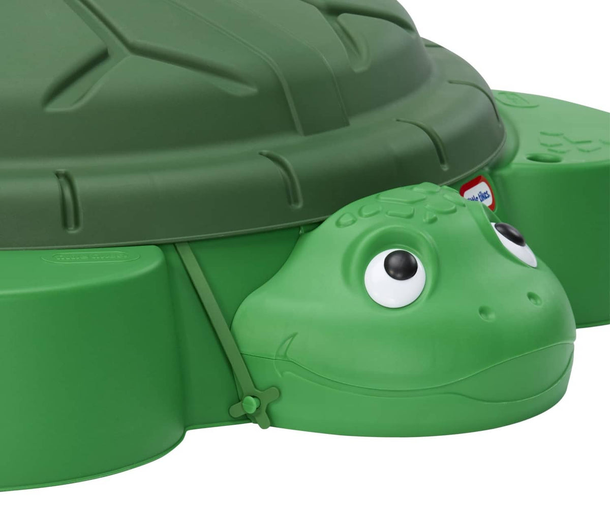 Green turtle sandbox close-up: turtle face front and hinged dome lid