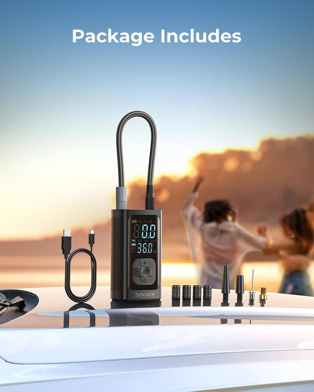 Portable tire inflator kit with connected hose, digital display unit, and assorted nozzles