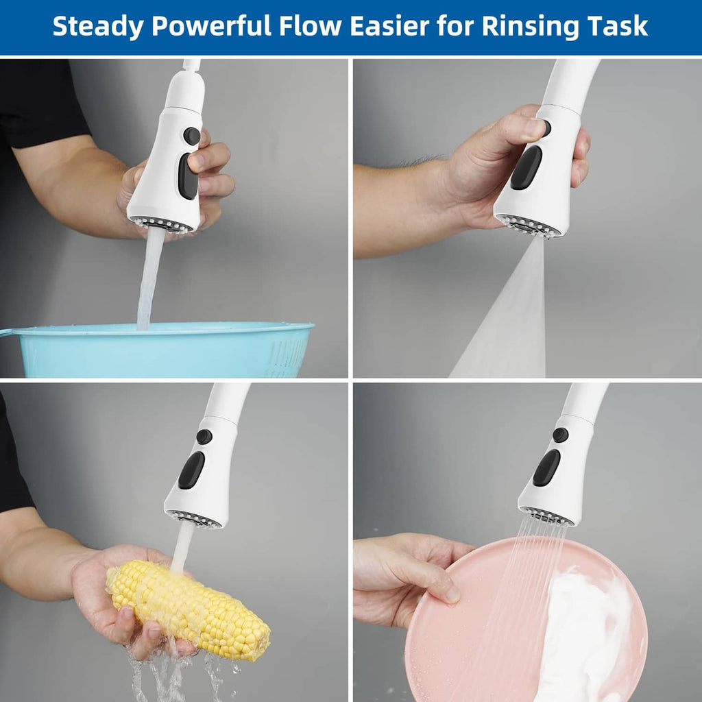 White pull-down spray head delivering steady rinse spray with adjustable nozzle