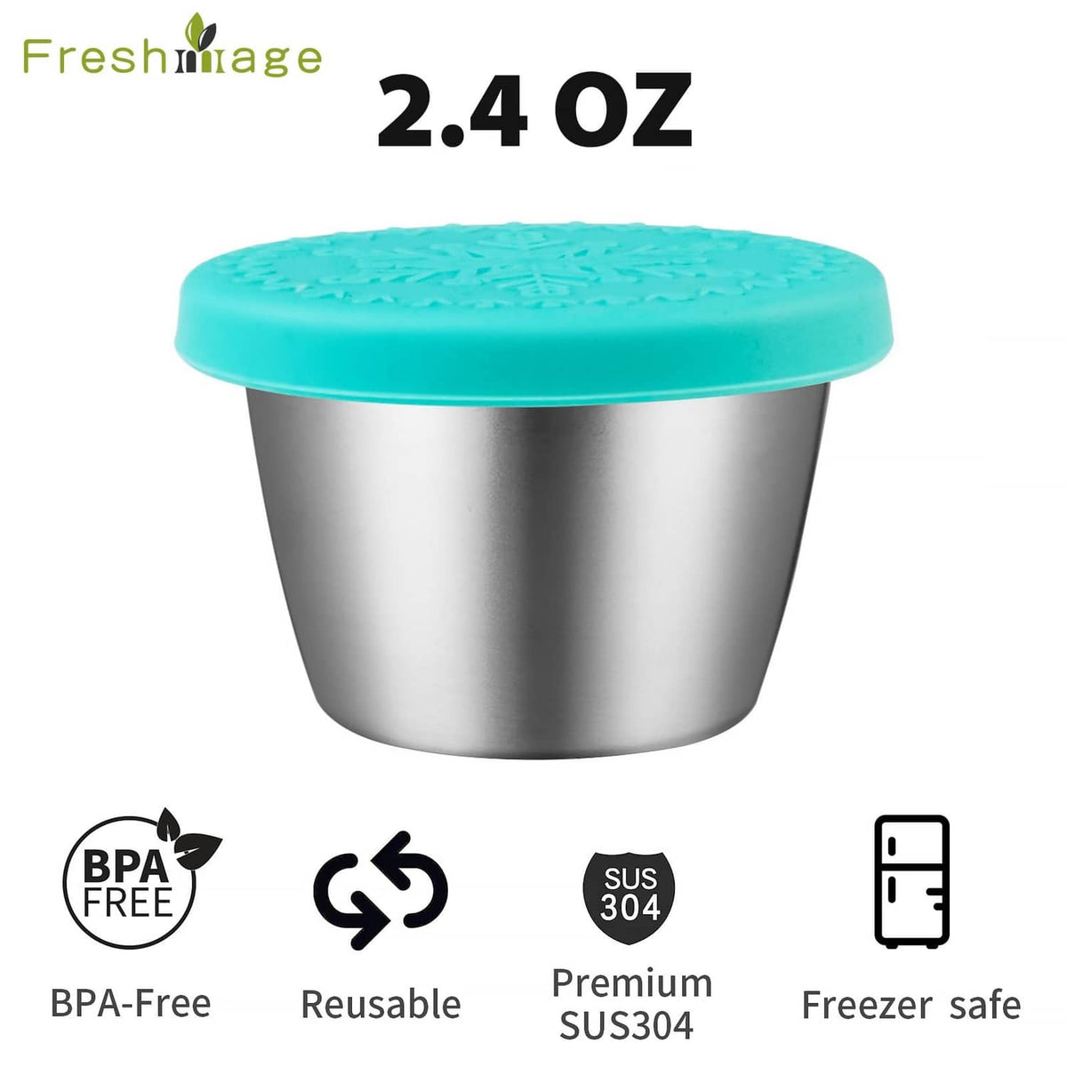 Stainless steel dressing cup with teal silicone lid, 2.4 oz