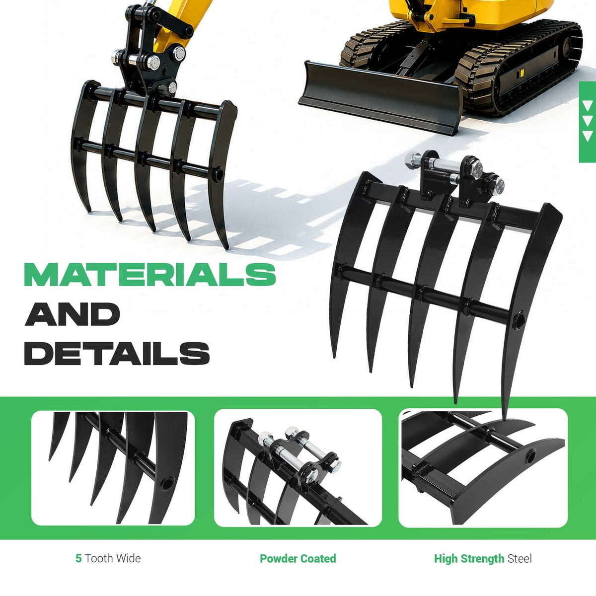 Black five-tooth rake attachment showing steel frame, powder-coated finish, and mounting details