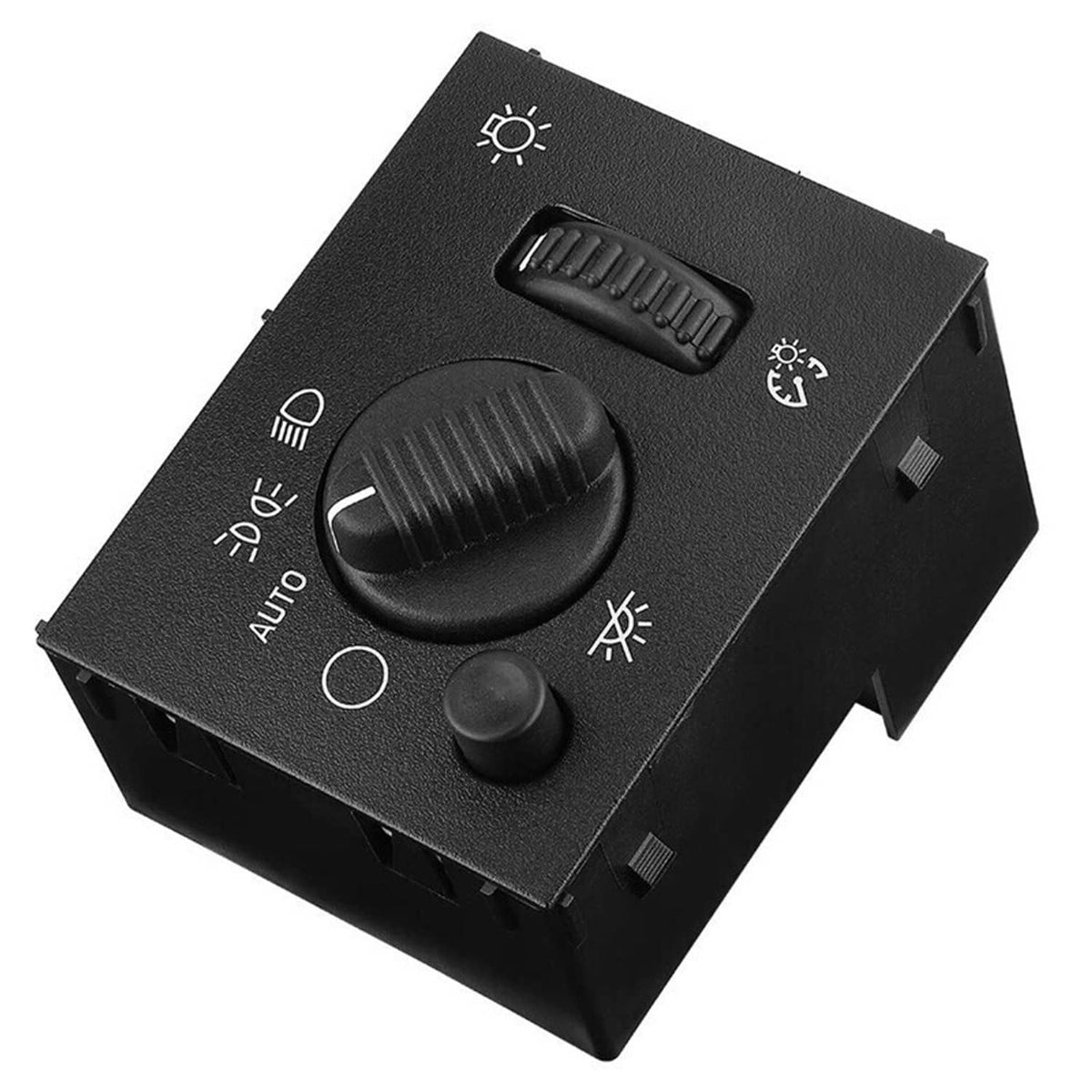 Black headlight control switch with rotary knob and sun/rain icons, angled
