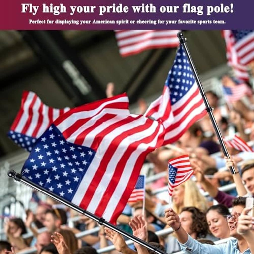 Black flag pole kit with ball finial, spinning for an American flag at an event