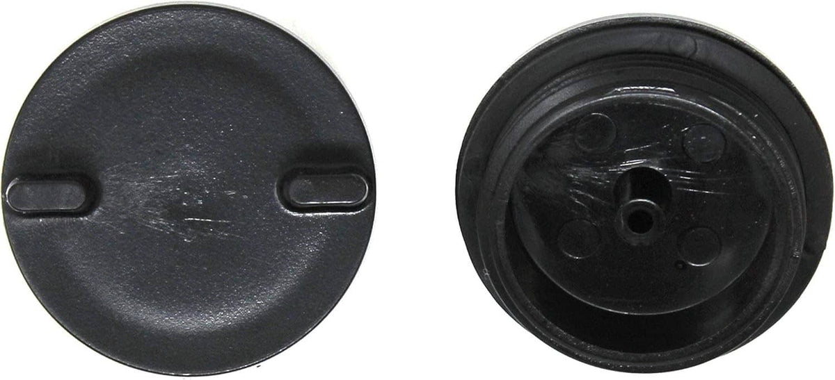 Black non-locking gas deck fill cap: outside and inside views