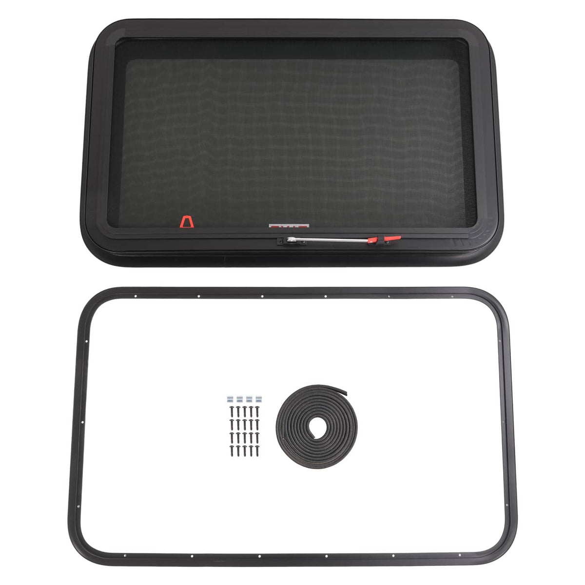 RV emergency exit window kit: dark glass panel, black frame, screws and sealing strip