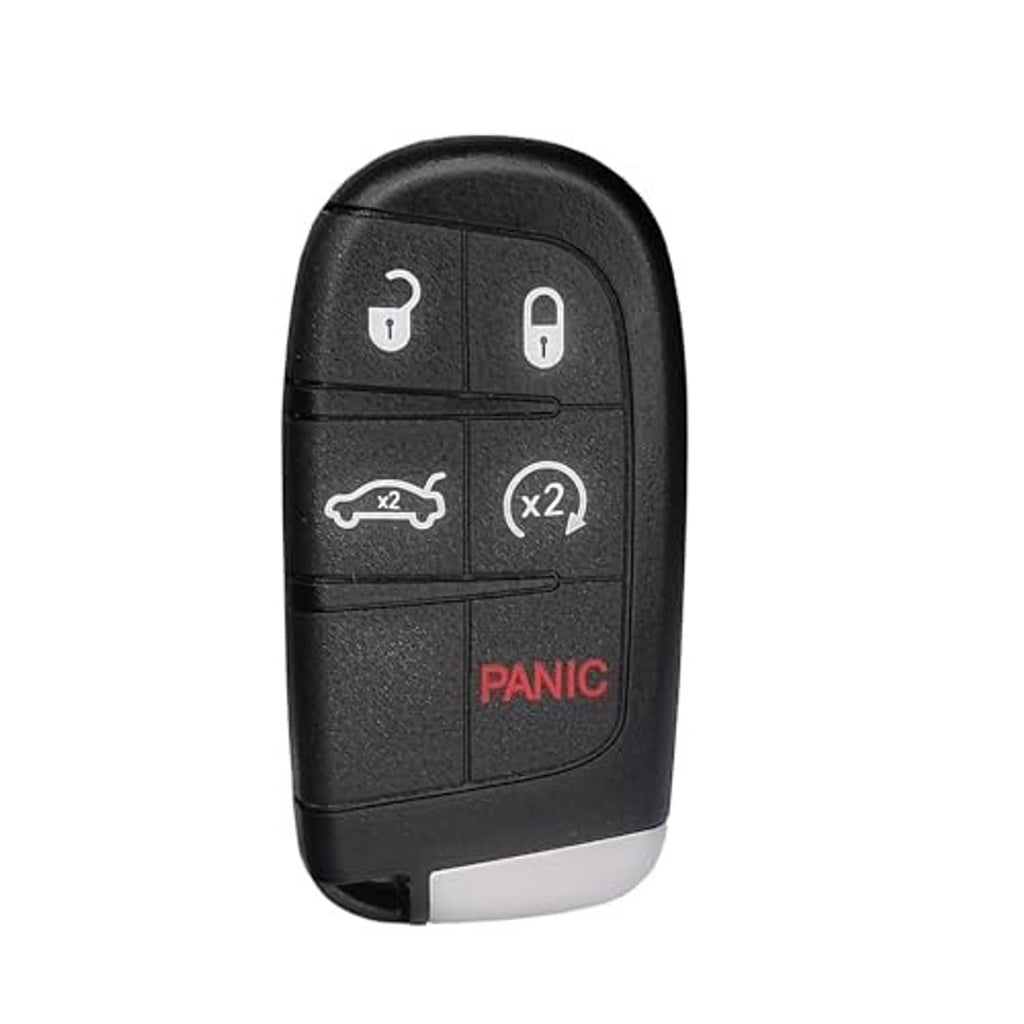Black key fob with white lock/unlock icons, x2 button, and red PANIC
