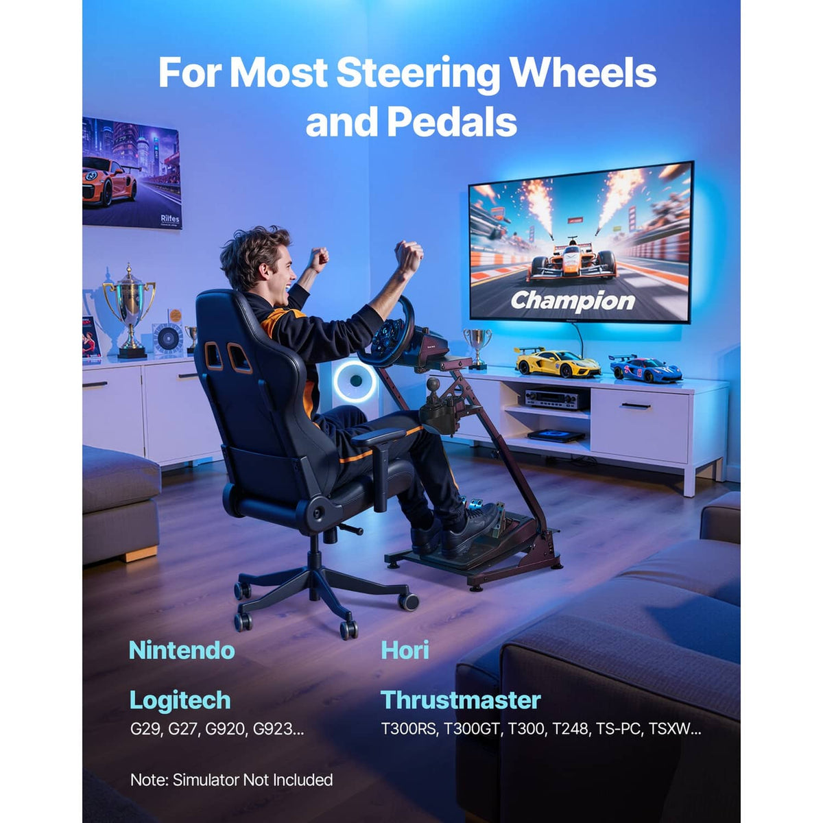 Racing simulator wheel stand with steering wheel and pedals mounted in a gaming setup
