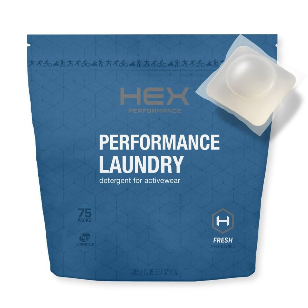 HEX Performance laundry detergent pouch with single white detergent pack pod