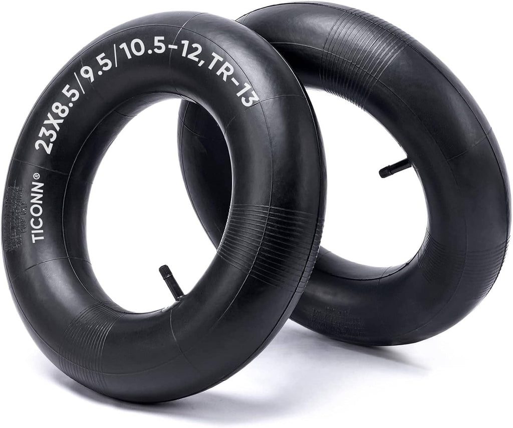 Two black wheelbarrow tire inner tubes, side-by-side, with valve stems