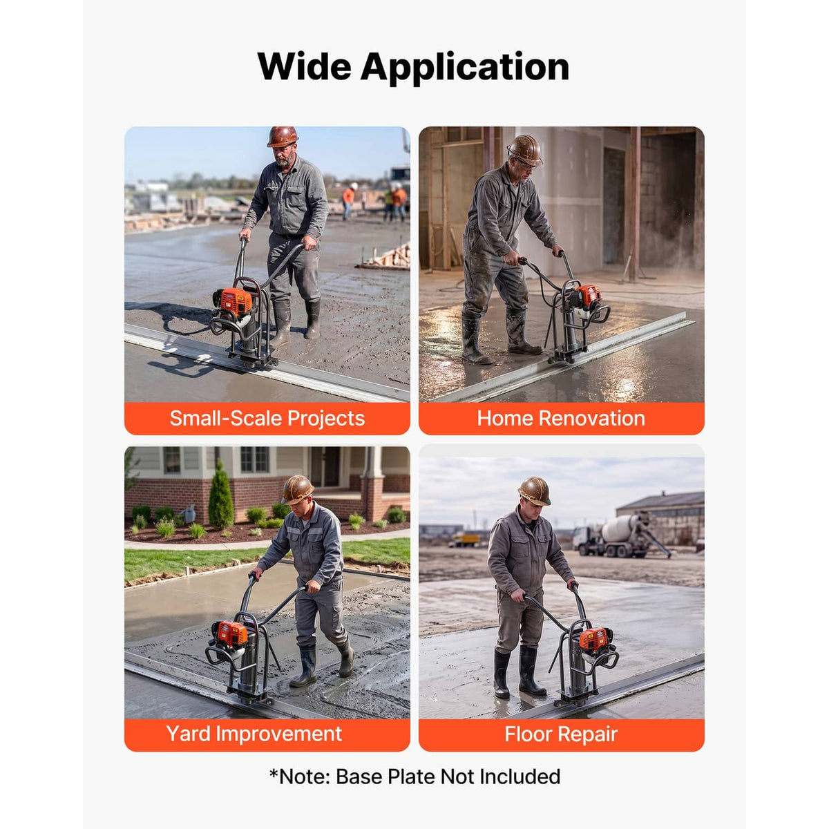Gas-powered concrete screed machine shown in use for concrete leveling by worker
