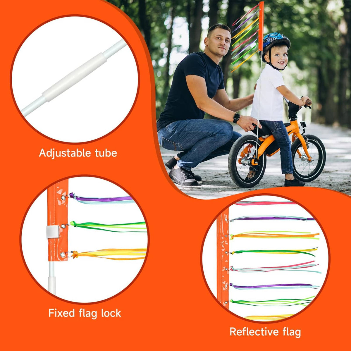 Bike safety flag pole with adjustable tube and reflective multicolor ribbon flag