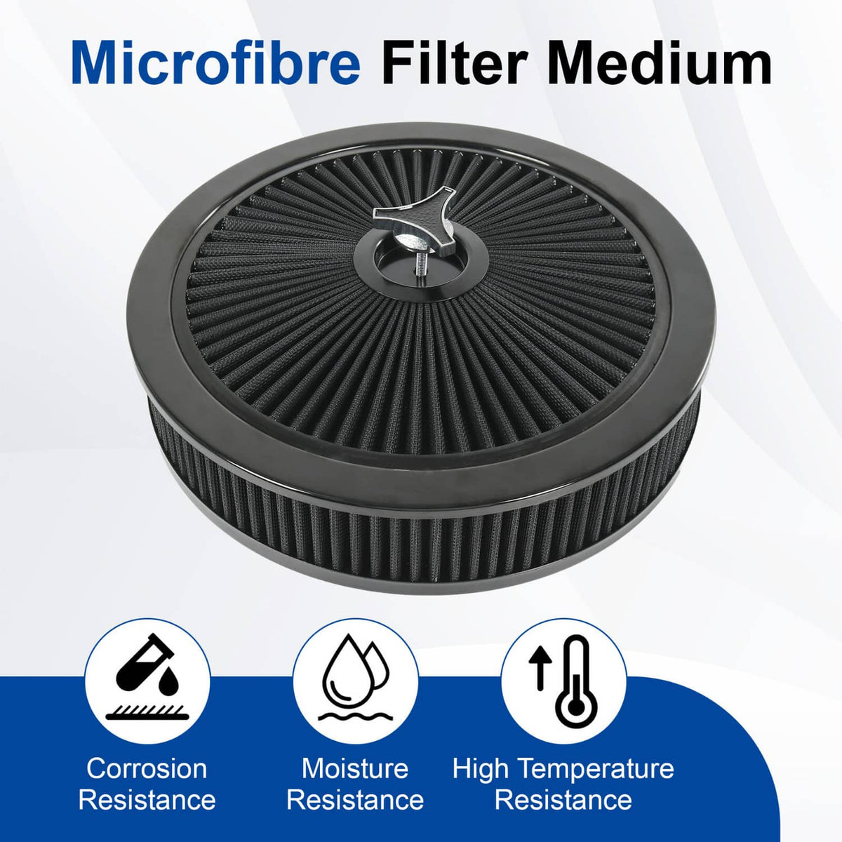 Close-up of black radial pleated air filter media with center mounting fitting