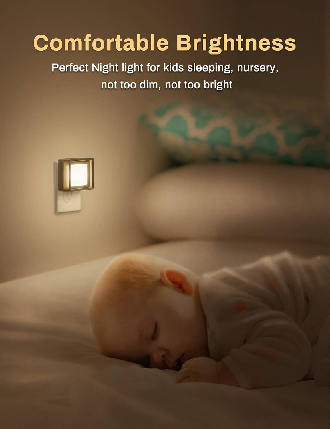Wall plug-in LED night light with soft square glow beside a sleeping child