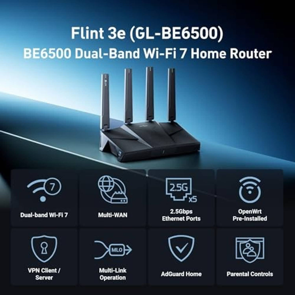 Wi-Fi home router with four antennas, promotional feature panel