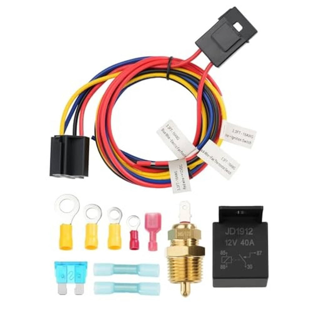 12V electric fan relay wiring kit with color-coded harness, terminals, and mini relay