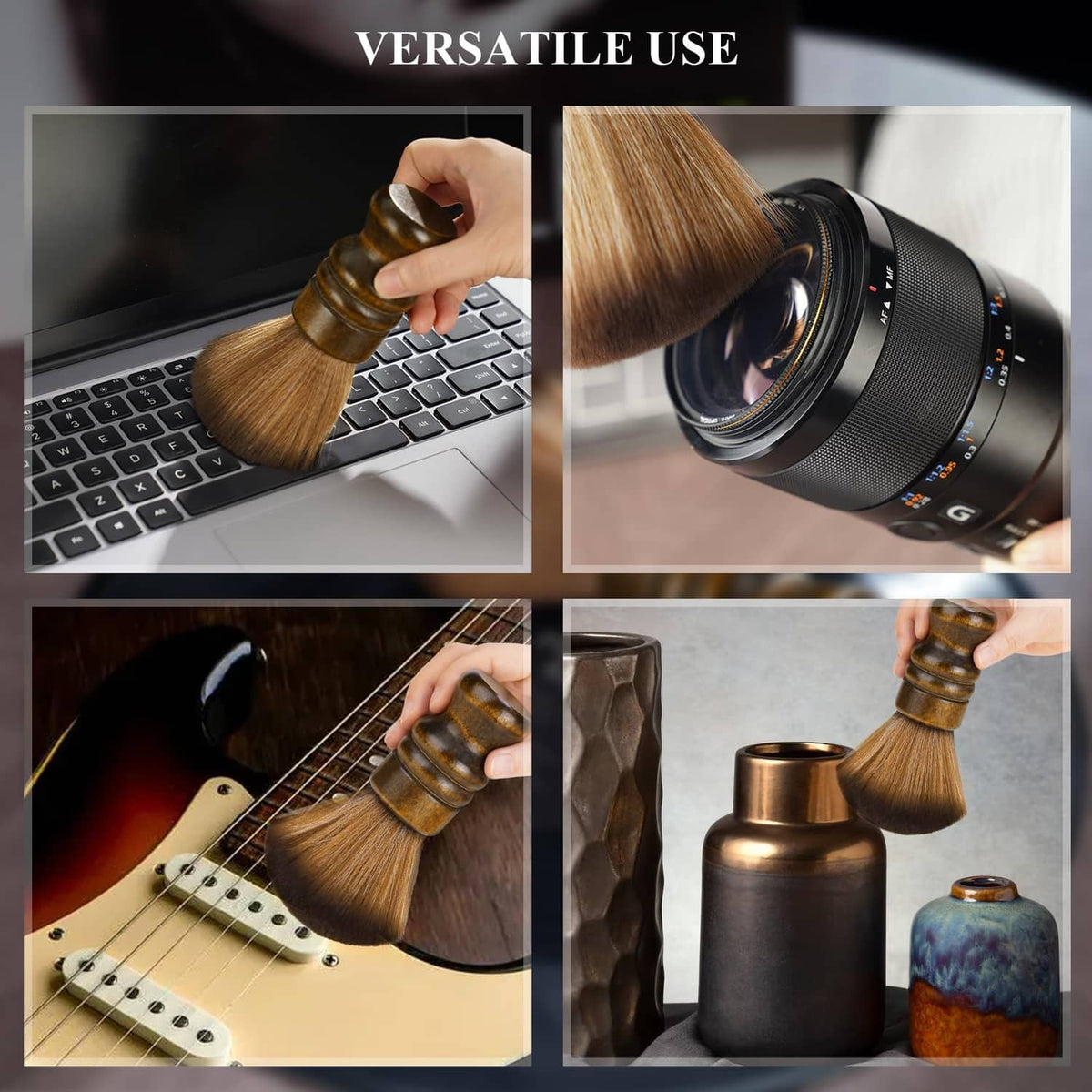 Brown record cleaning brush with wooden handle and soft bristles