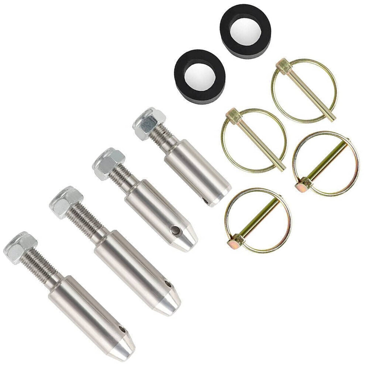 Sway bar link kit parts: silver studs, black washers, and gold retaining rings