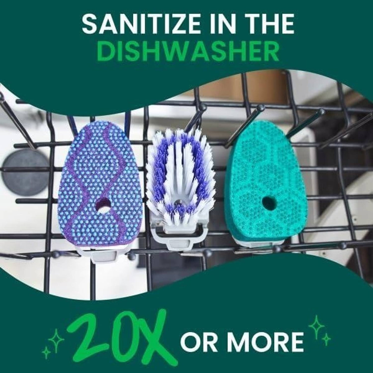 Dish brush scrubber and replaceable heads shown on dishwasher rack