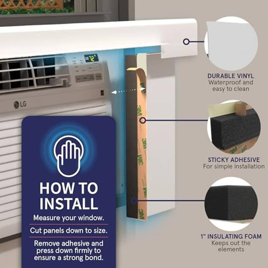 White insulation side panel with adhesive backing and waterproof vinyl outer layer for window AC