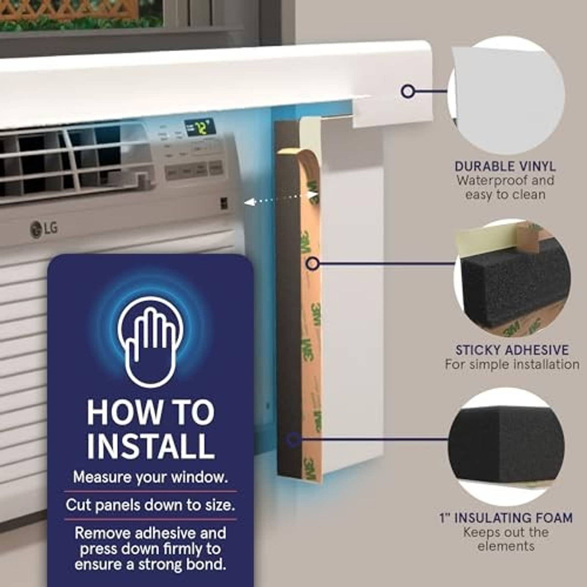 White insulation side panel with adhesive backing and waterproof vinyl outer layer for window AC