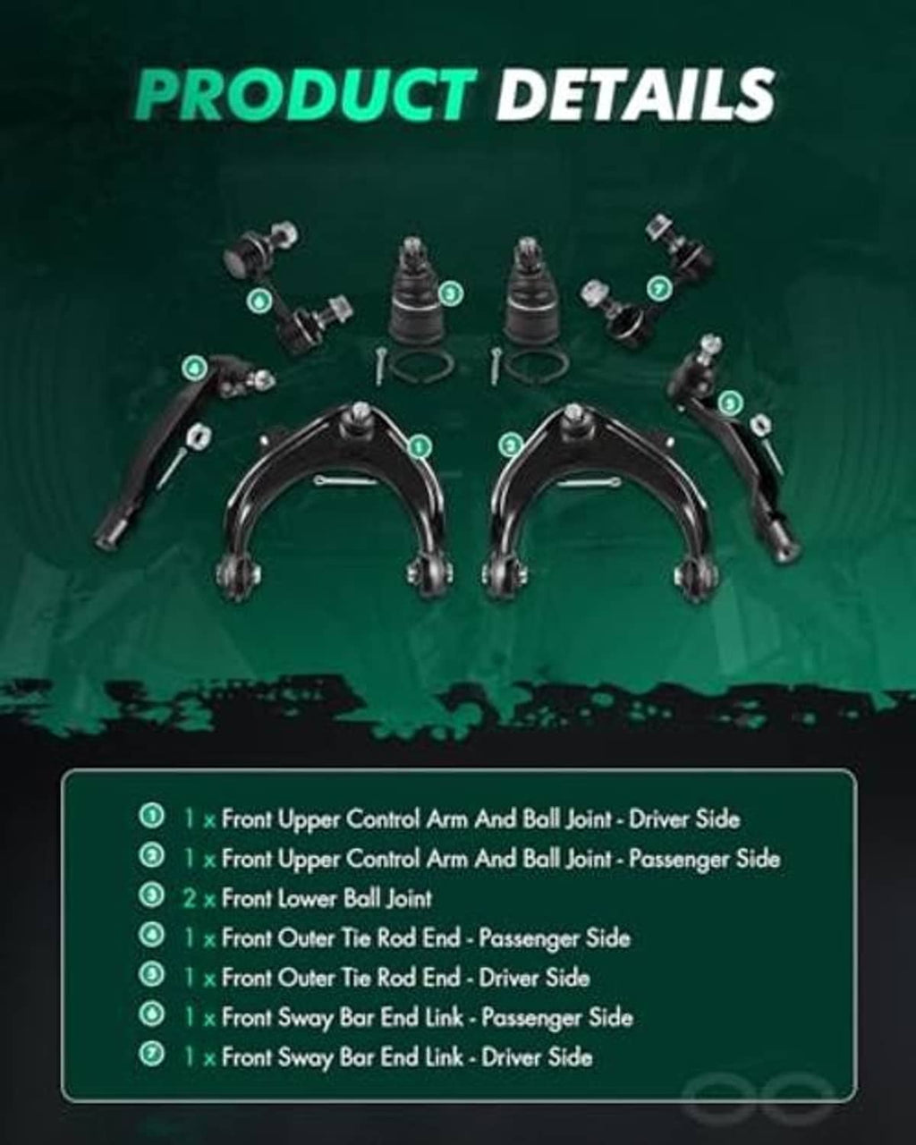 Front suspension parts diagram with control arms, links, tie rods, and ball joints