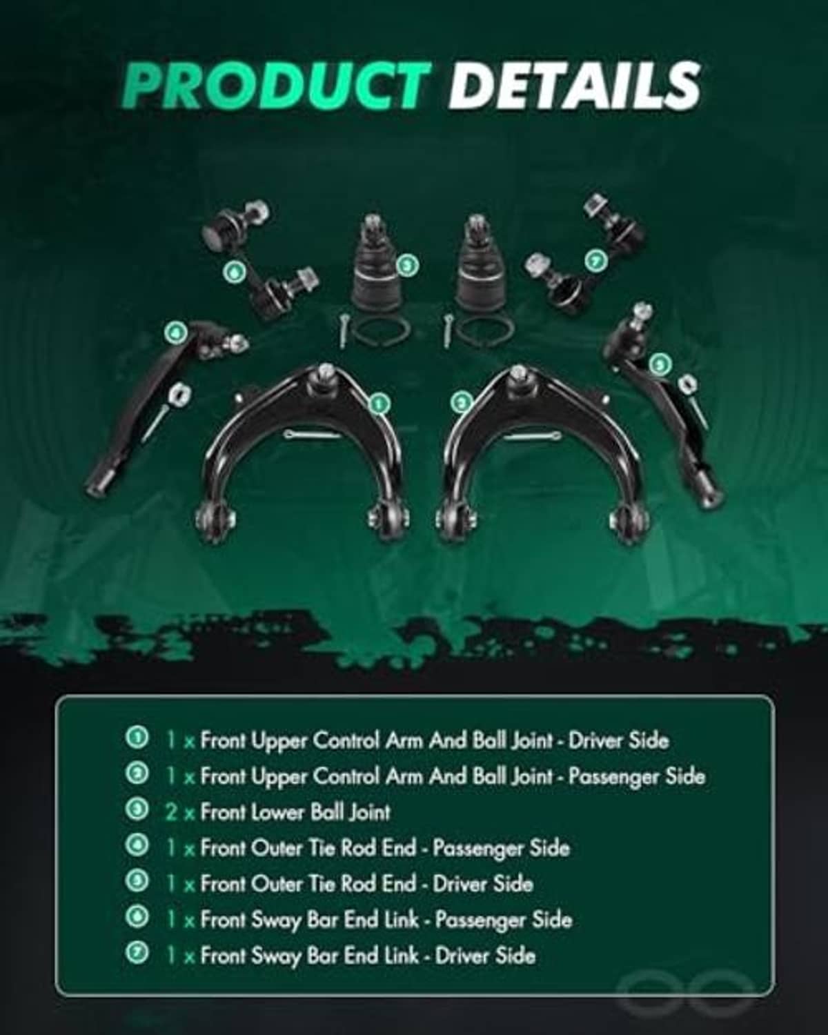 Front suspension parts diagram with control arms, links, tie rods, and ball joints