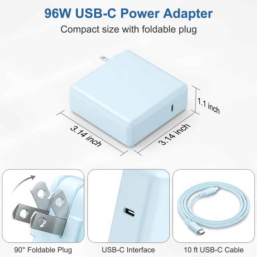 Light blue 96W USB-C power adapter with foldable plug and 10 ft USB-C cable