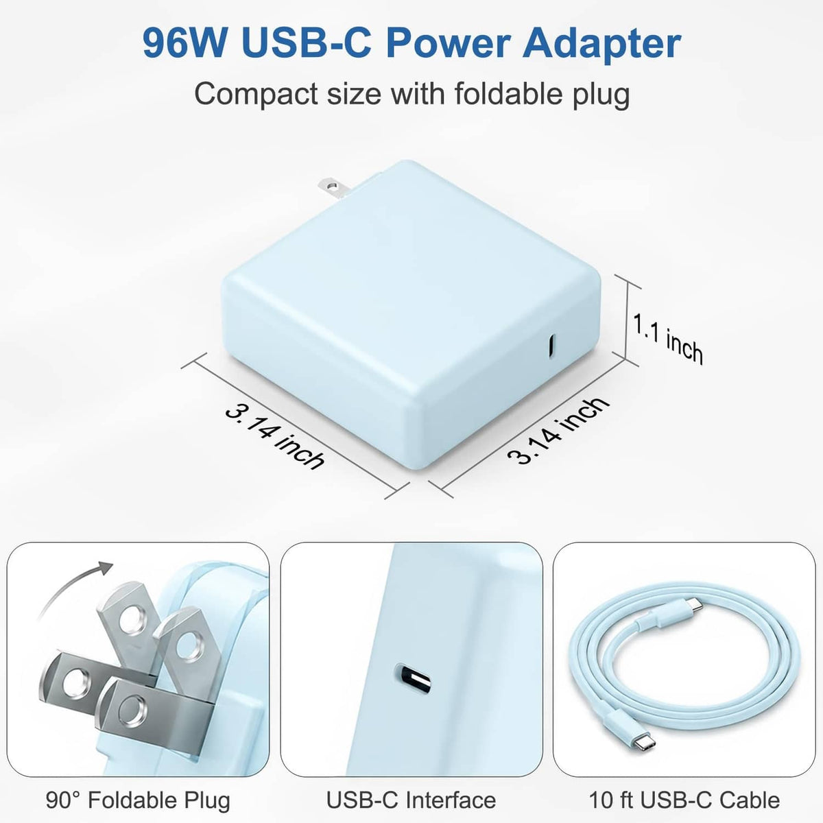 Light blue 96W USB-C power adapter with foldable plug and 10 ft USB-C cable