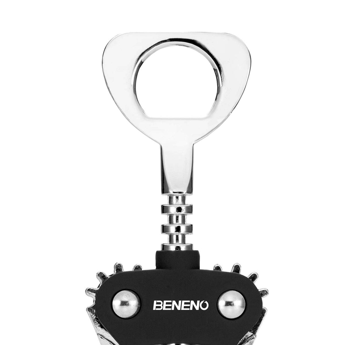 Close-up of black and chrome wing corkscrew wine bottle opener