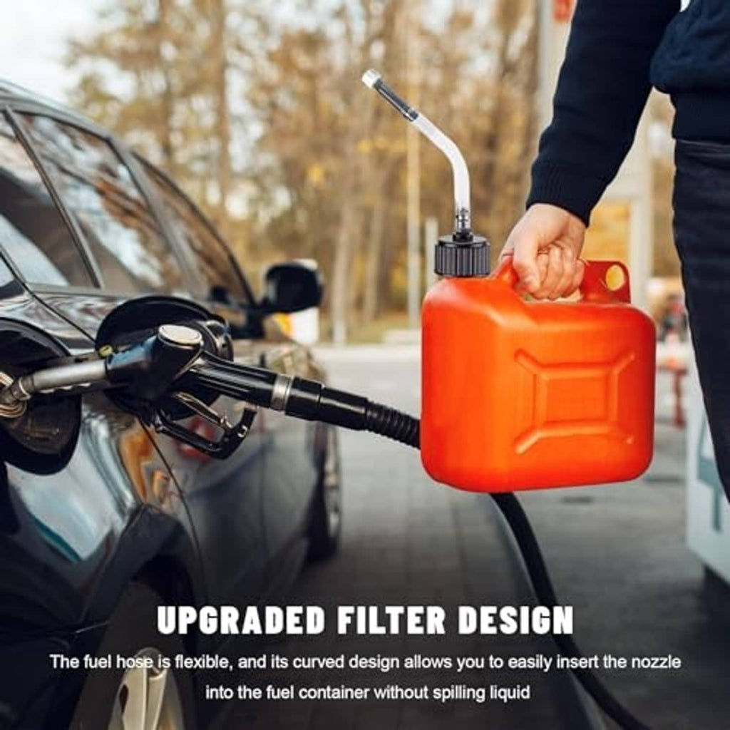 Clear fuel filler hose with black threaded nozzle and red gas can spout, ready to pour