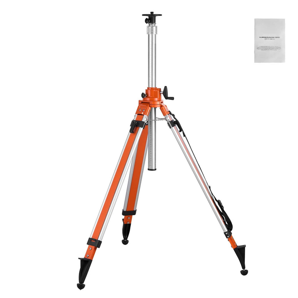 Laser level tripod stand with orange-and-silver legs, black clamp and feet