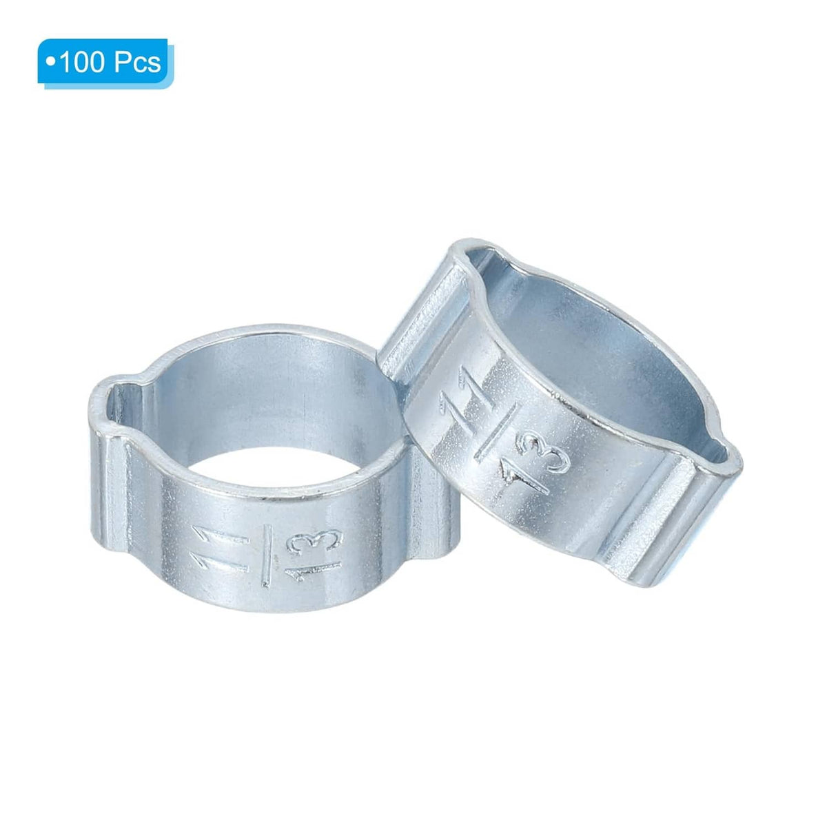 Silver double-ear galvanized hose clamp, two-piece view with embossed markings