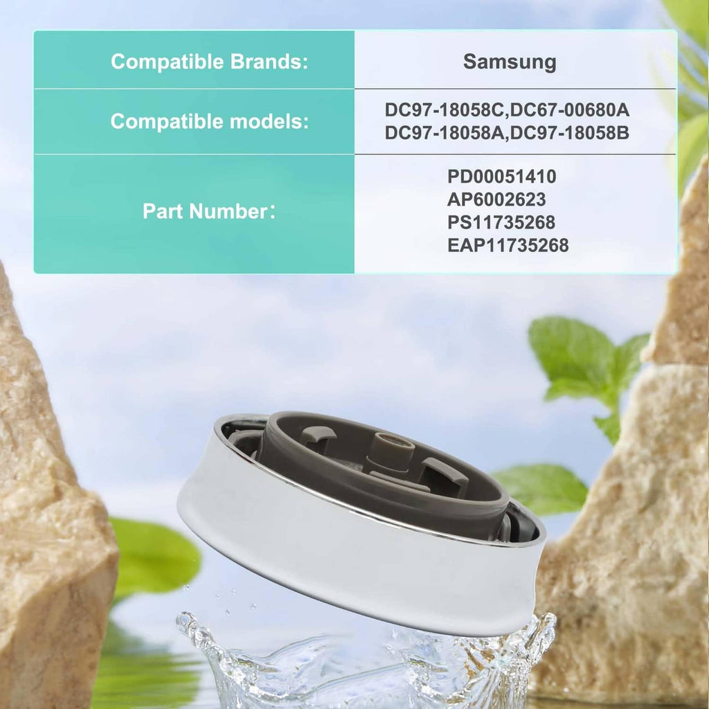 Laundry appliance control knob with chrome bezel and black center insert on white base