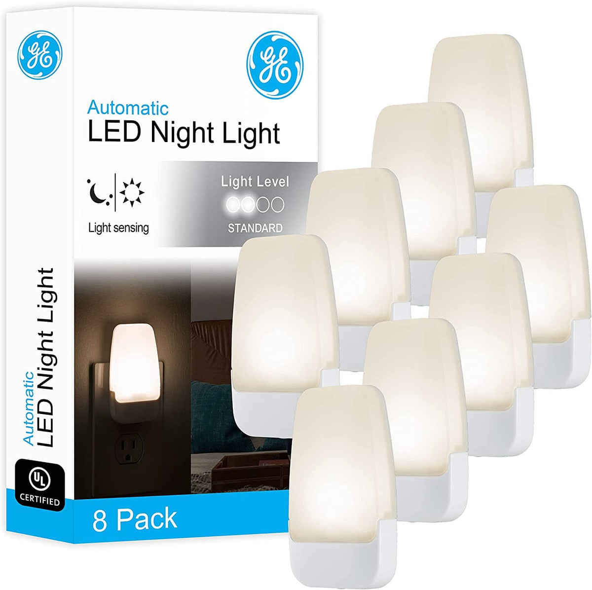 GE automatic LED night light 8-pack with warm white plug-in units for dusk-to-dawn